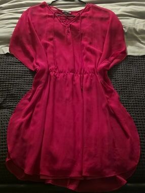 Express Fuchsia Lace-Up Waist Casual Dress